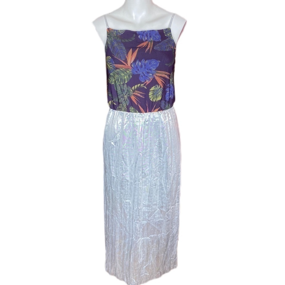 Koovs Dress Floral & Silver Lame Micro Pleated